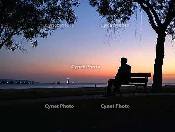 Person gazing at horizon during a tranquil dusk in a peaceful park setting, AI generated [IBR125636870]