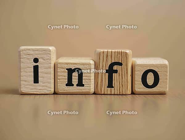Four wooden cubes with black letters form the word info on a wooden table, AI generated [IBR125636871]