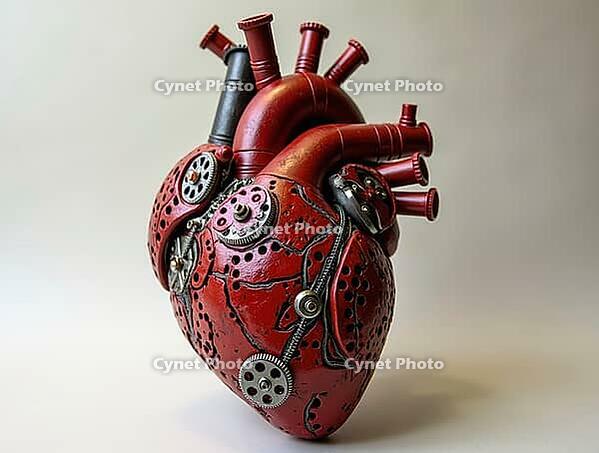 Red mechanical heart with gears and pipes is pumping on neutral background, showing concept of artificial organ, AI generated [IBR125636872]