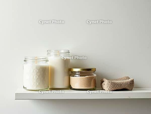 Organic beauty products and candles displayed on a minimalist bathroom shelf, promoting self-care and wellness, AI generated [IBR125636874]