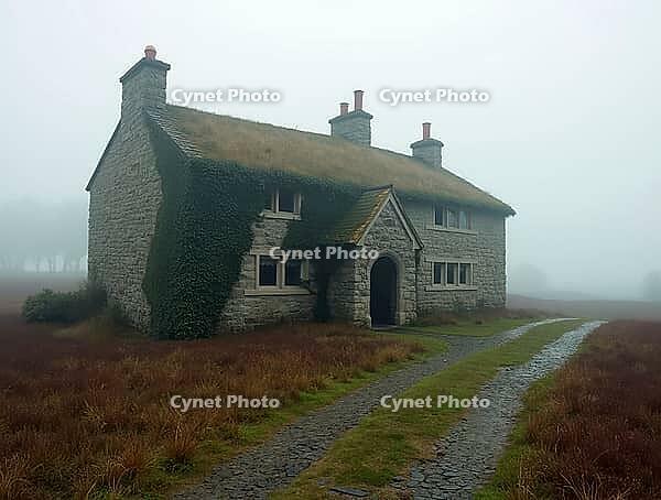 Stone cottage with ivy creeping up its walls and grass growing on its roof, standing in the middle of a foggy moor, AI generated [IBR125636875]