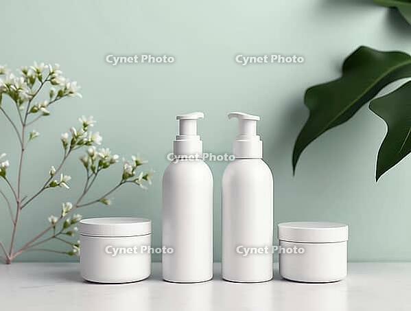 Skincare products bottles and jars on marble table with green leaves and white flowers creating a fresh and natural atmosphere, AI generated [IBR125636877]