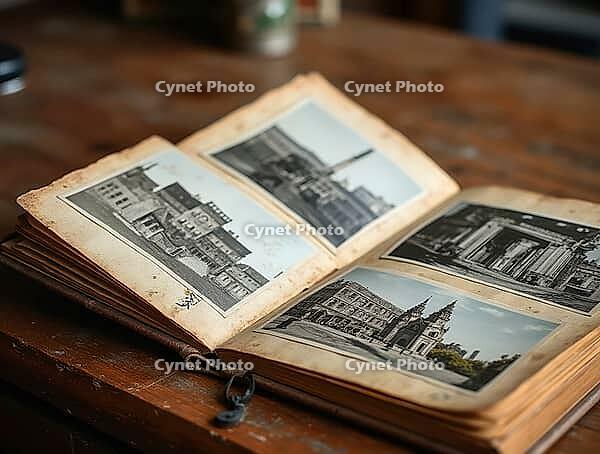 Open vintage photo album displaying black and white pictures of famous landmarks resting on a wooden table, evoking nostalgia and travel memories, AI generated [IBR125636879]