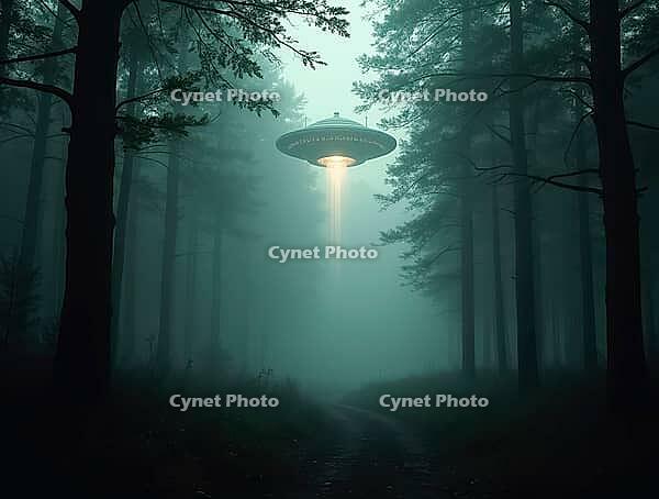 Spaceship landing in a forest emitting bright light in a foggy night, AI generated [IBR125636880]