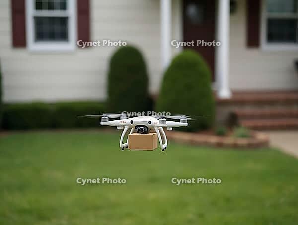 White drone carrying small cardboard box hovering over green lawn in front of suburban home, showcasing future of delivery services, AI generated [IBR125636881]