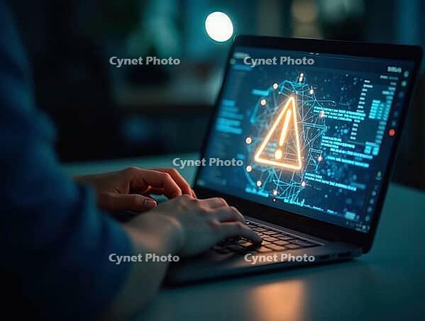 Programmer working on a laptop with a holographic warning sign appearing, AI generated [IBR125636887]