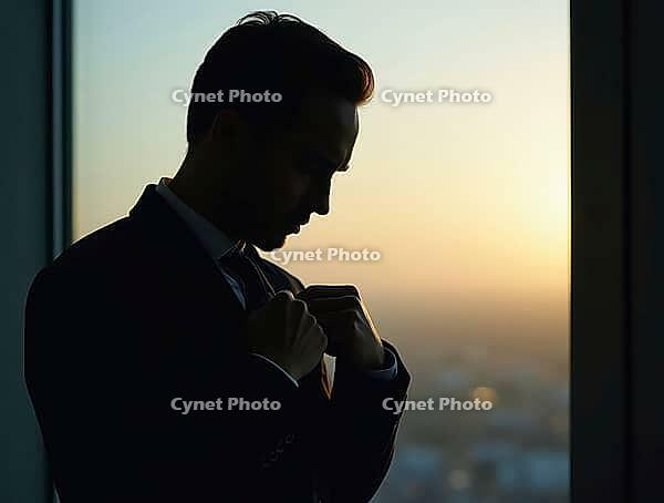 Silhouette of a businessman adjusting his tie near the window of his office at sunset, preparing for important meeting, AI generated [IBR125636888]