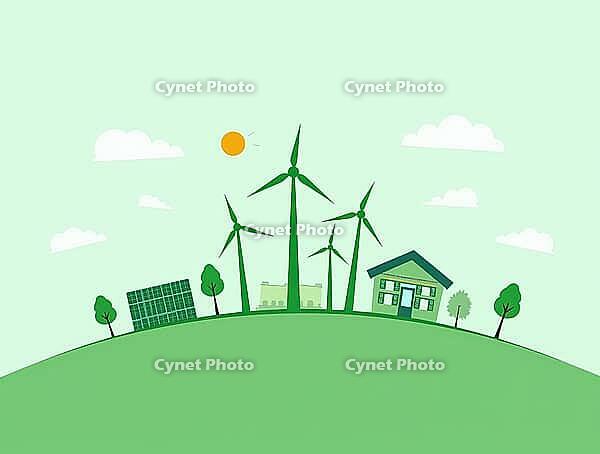 Conceptual illustration promoting green energy and sustainable living, featuring wind turbines, solar panels, and an eco-friendly house, AI generated [IBR125636889]
