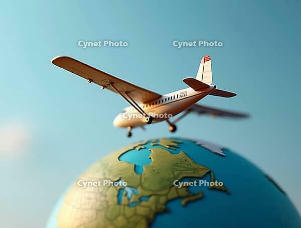 Toy airplane flying over globe against blue sky, symbolizing travel and exploration, AI generated [IBR125636890]