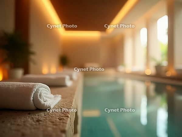 Soft white towels invite relaxation by a tranquil spa pool, creating a serene atmosphere of wellness and pampering, AI generated [IBR125636898]