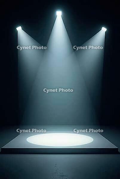 Three spotlights illuminating an empty stage in a dark room, creating a dramatic atmosphere, AI generated [IBR125636902]