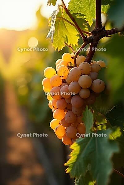 Close-up of ripe white grapes hanging on the vine in a vineyard, illuminated by the warm morning sunlight, AI generated [IBR125636903]