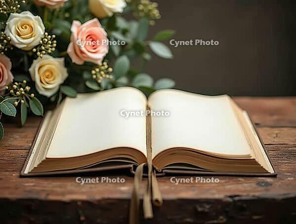 Empty pages of a guest book await condolences and memories at a funeral, beside a bouquet of roses, AI generated [IBR125636910]