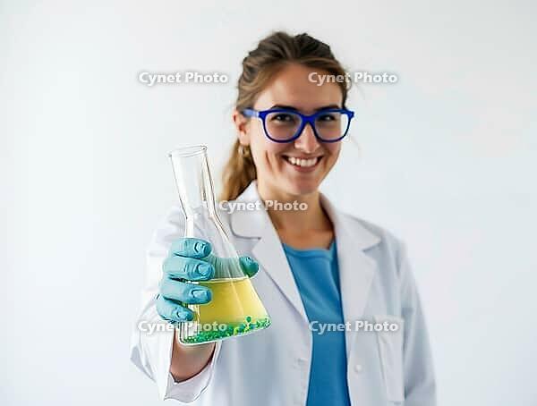 Female scientist wearing lab coat and gloves holding a beaker with colorful liquid in laboratory, AI generated [IBR125636911]