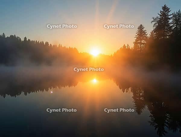 Sun rising over a tranquil lake, creating a mesmerizing scene with golden rays piercing through the morning fog and reflecting in the still water, AI generated [IBR125636912]