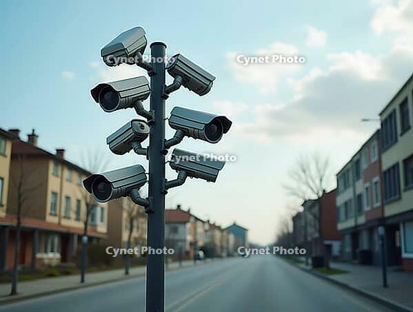 Multiple security cameras mounted on a pole are overseeing an empty street in a residential neighborhood, AI generated [IBR125636923]