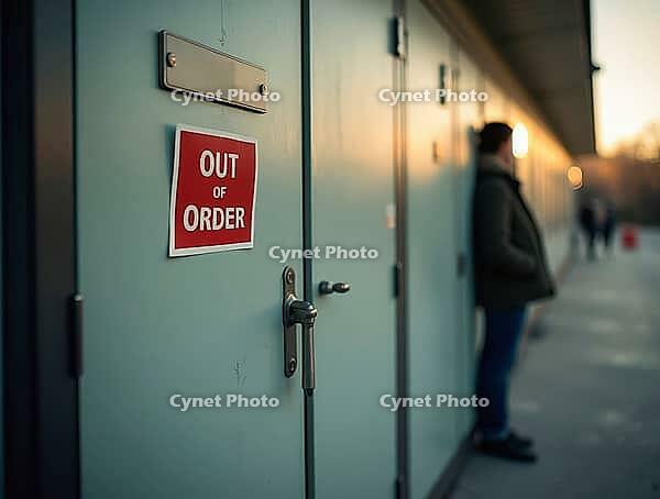 Man waiting in front of a closed public restroom door with an out of order sign, AI generated [IBR125636926]