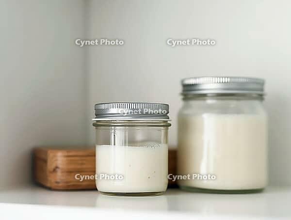 Organic beauty products in glass jars with metal lids on a minimalist bathroom shelf, AI generated [IBR125636936]