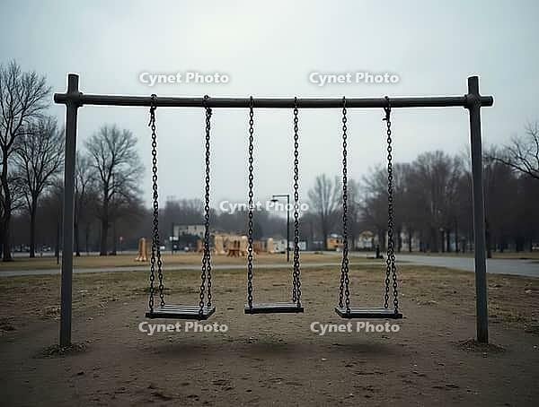 Three swings swaying quietly in a deserted park, AI generated [IBR125636937]
