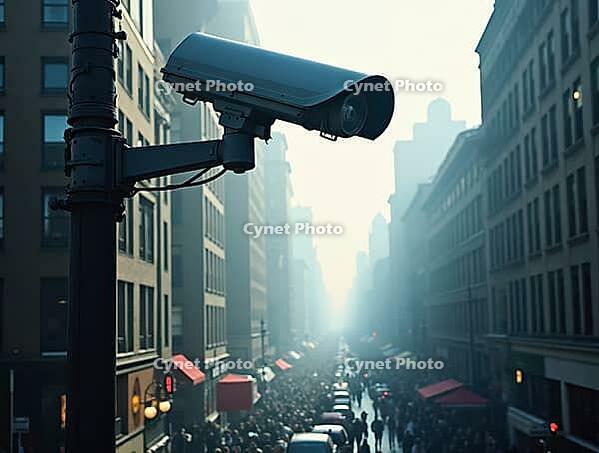 Powerful surveillance camera overlooking bustling city street, capturing activity and enhancing security measures, AI generated [IBR125636939]