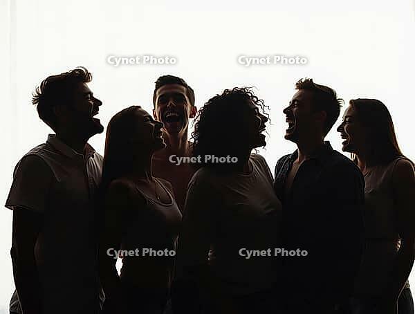 Six happy friends are laughing together, showing their joy and happiness in a backlit silhouette, AI generated [IBR125636941]