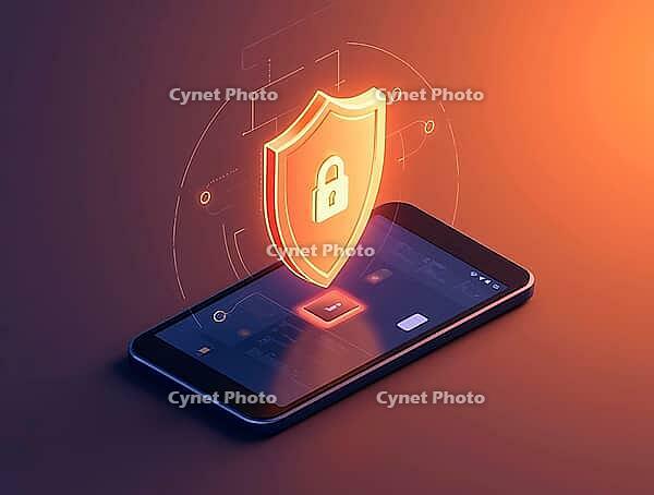 Mobile security concept with smartphone and shield with padlock hovering above symbolizing data encryption and cybersecurity, AI generated [IBR125636946]