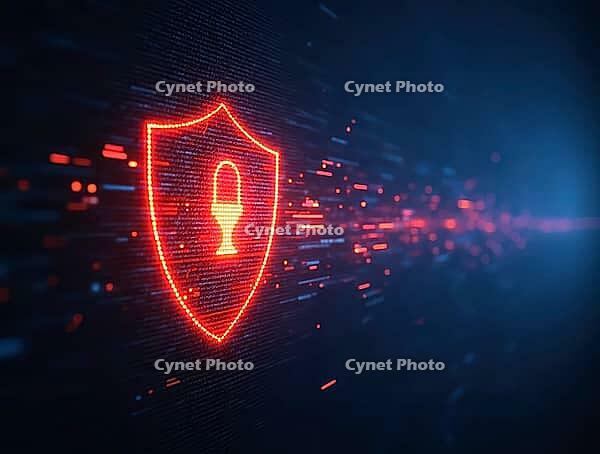 Red glowing shield with keyhole protects against incoming data streams, ensuring digital security and data protection, AI generated [IBR125636949]
