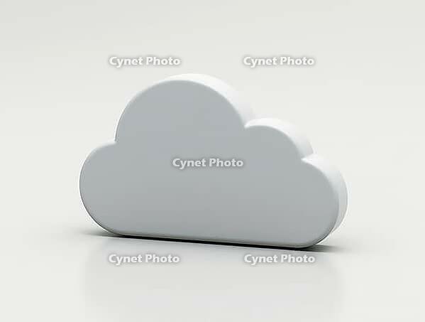 Simple white 3d cloud symbol representing cloud computing, data storage, and online services, resting on a reflective white surface, AI generated [IBR125636950]