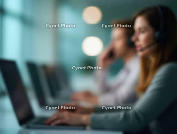 Customer service representatives working with laptops and headsets in a blurred office environment, AI generated [IBR125636954]