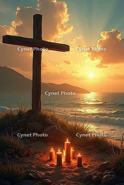 Five lit candles illuminate a wooden cross on a rocky beach at sunset, creating a serene and spiritual atmosphere, AI generated [IBR125645856]