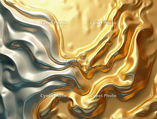 Smooth golden and silver liquid metal mixing and flowing, creating a luxurious and elegant abstract background, AI generated [IBR125645858]