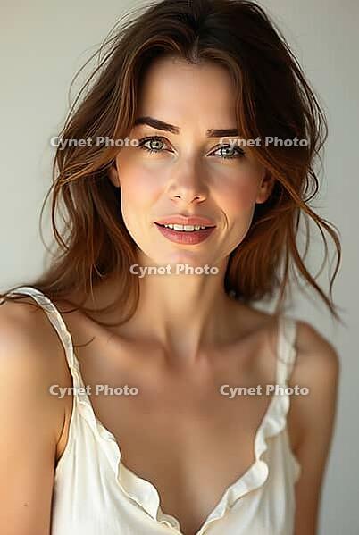 Studio portrait of beautiful young woman with long brown hair and light eyes smiling slightly, AI generated [IBR125645859]