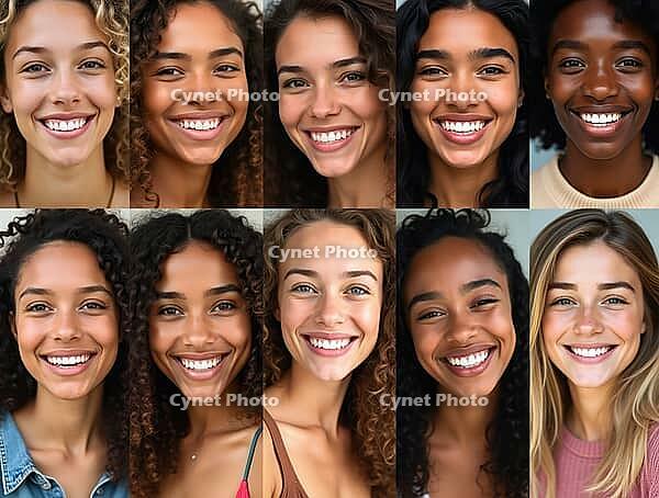 Headshots of cheerful multi-ethnic young women smiling in a collage, celebrating diversity and female empowerment, AI generated [IBR125645860]