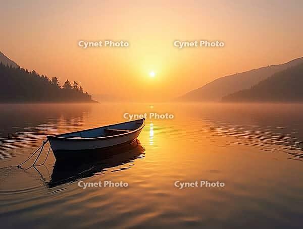 Small wooden fishing boat floating on calm lake reflecting the golden sunset light with misty mountains in the background, AI generated [IBR125645861]