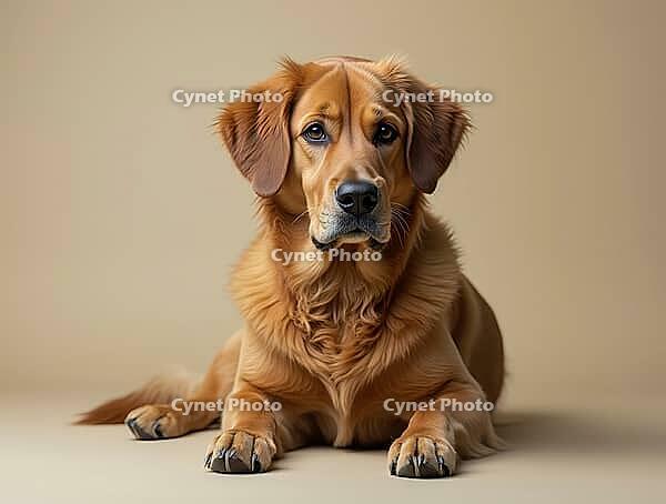 Studio shot of golden retriever dog lying on seamless background, AI generated [IBR125645862]