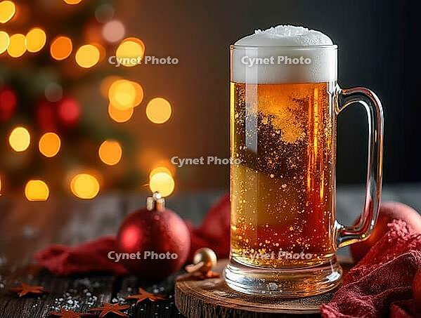 Frosty mug of beer standing on wooden table with christmas decorations and blurred lights celebrating holidays, AI generated [IBR125645864]