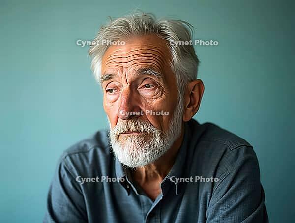 Senior man with grey hair and beard lost in thought, conveying a sense of sadness and contemplation, AI generated [IBR125645865]