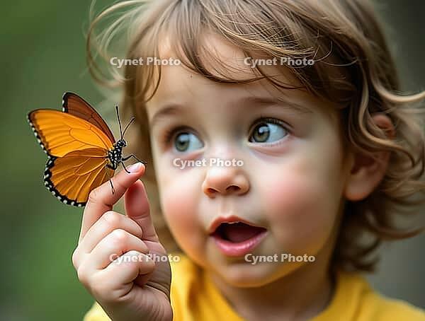 Young kid experiencing wonder while observing a monarch butterfly resting on their finger, AI generated [IBR125645866]