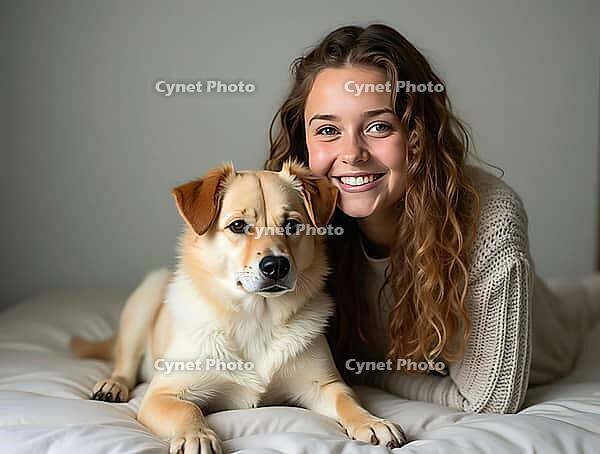 Happy teenage girl lying on a white blanket and cuddling with her adorable mixed-breed dog, AI generated [IBR125645867]