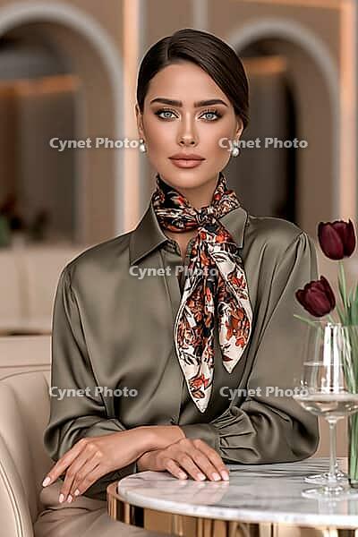 Woman wearing red and navy floral silk scarf tied at neck, olive green satin blouse, seated at marble bistro table with burgundy tulips. AI generated [IBR125645868]