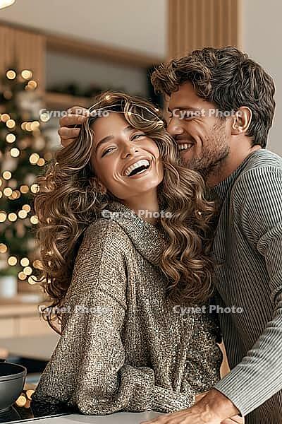 A laughing couple shares an affectionate moment with fairy lights beside a warmly lit Christmas tree. AI generated [IBR125645869]