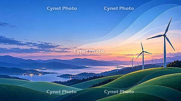 Wind turbines on rolling green hills overlook a lake and distant mountains in pink evening light, AI generated [IBR125645871]