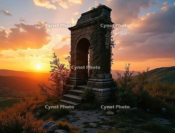 Partially ivy-covered historic monument standing on a hill during a breathtaking sunset, AI generated [IBR125645872]