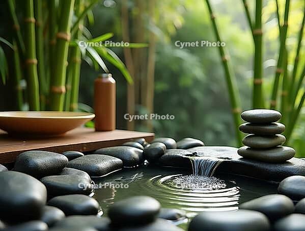 Tranquil spa scene featuring a small water fountain, smooth pebbles, bamboo accents, and a wooden surface with a plate and bottle, creating a peaceful and relaxing atmosphere, AI generated [IBR125645874]