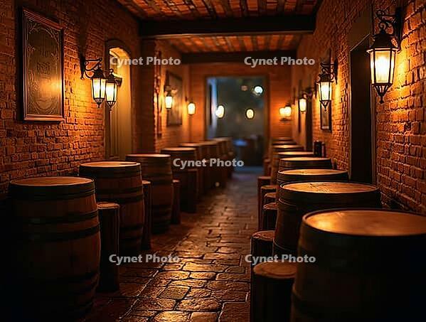 Wooden barrels used as tables in a cozy pub illuminated by warm lanterns, creating a vintage and inviting atmosphere, AI generated [IBR125645876]