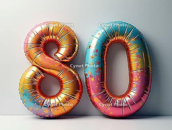 Vibrant and colorful balloons form the number 80, celebrating an eightieth birthday or anniversary, AI generated [IBR125645877]