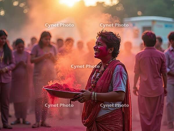 Young woman holding a plate of gulal powder, smiling during holi festival celebrations at sunset, AI generated [IBR125645879]