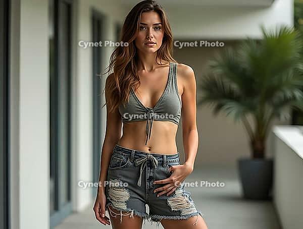 Stylish young woman posing in casual summer clothes outdoors, AI generated [IBR125645880]