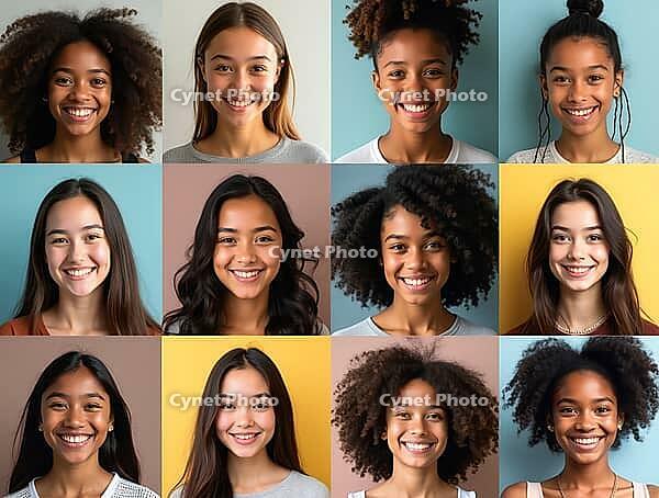 Happy multiethnic teenagers showing their beautiful smiles in a colorful collage promoting diversity, inclusion and equality, AI generated [IBR125645881]
