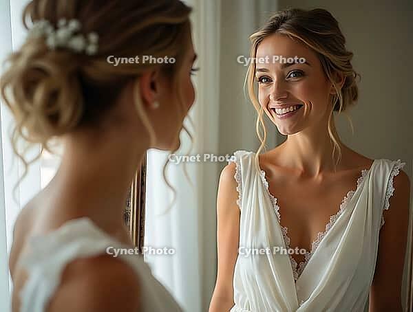 Beautiful young bride with hairstyle and makeup looking at her reflection in a mirror and smiling getting ready for her wedding day, AI generated [IBR125645884]